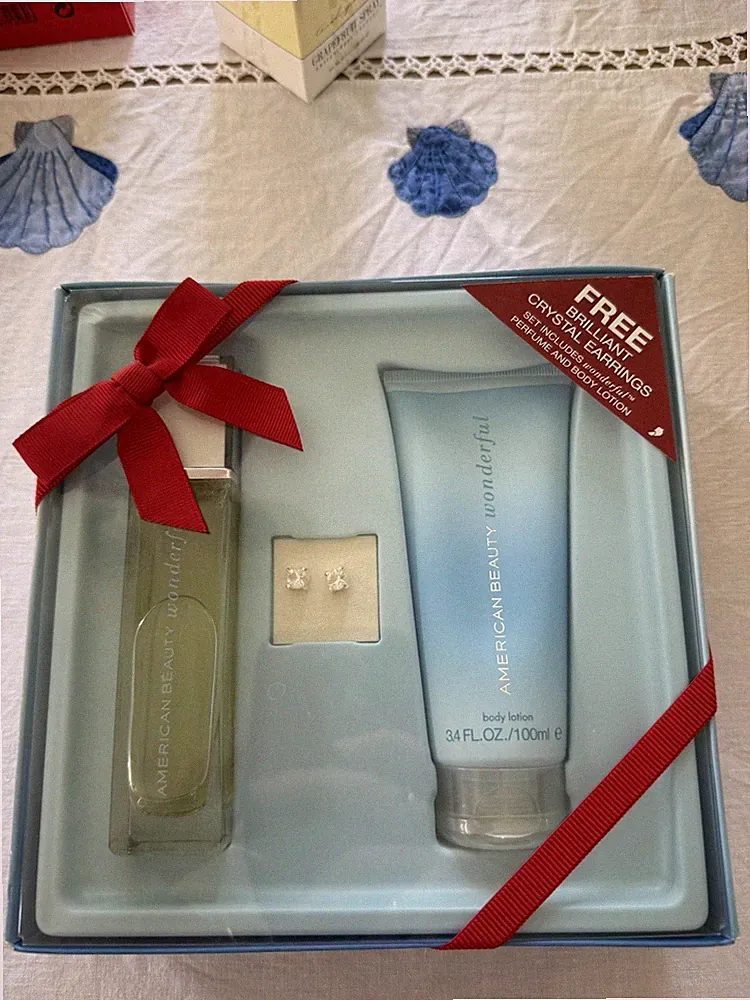 American Beauty wonderful Gift Set — perfume spray, lotion, and earrings